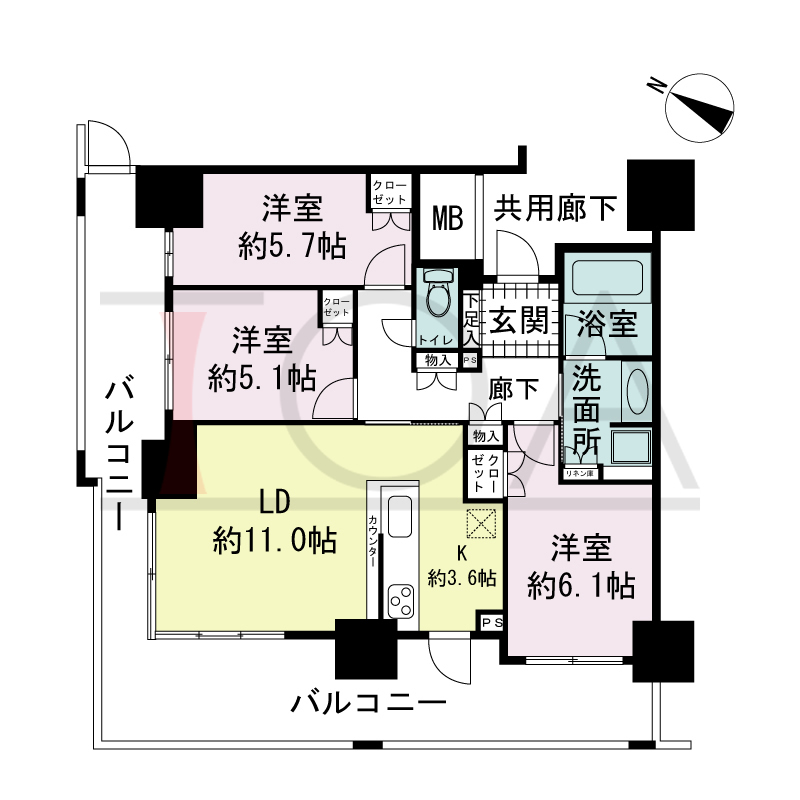プラウドタワー神戸県庁前の間取り図 全12邸 北西角住戸
3LDK 専有面積71.05m2
バルコニー面積28.46m2