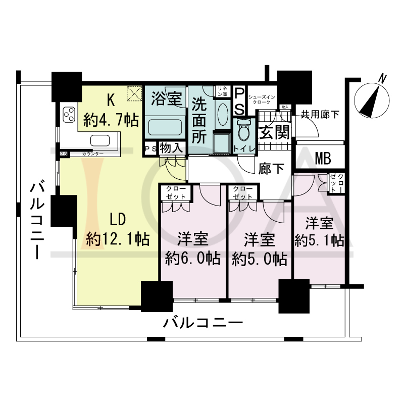 プラウドタワー神戸県庁前の間取り図 全12邸 南西角住戸
3LDK 専有面積74.29m2
バルコニー面積30.06m2