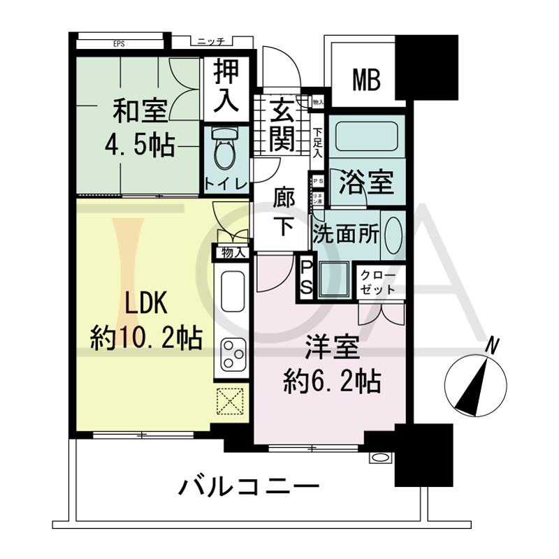 プラウドタワー神戸県庁前の間取り図 全12邸 南向き住戸
2LDK 専有面積48.32m2
バルコニー面積11.93m2