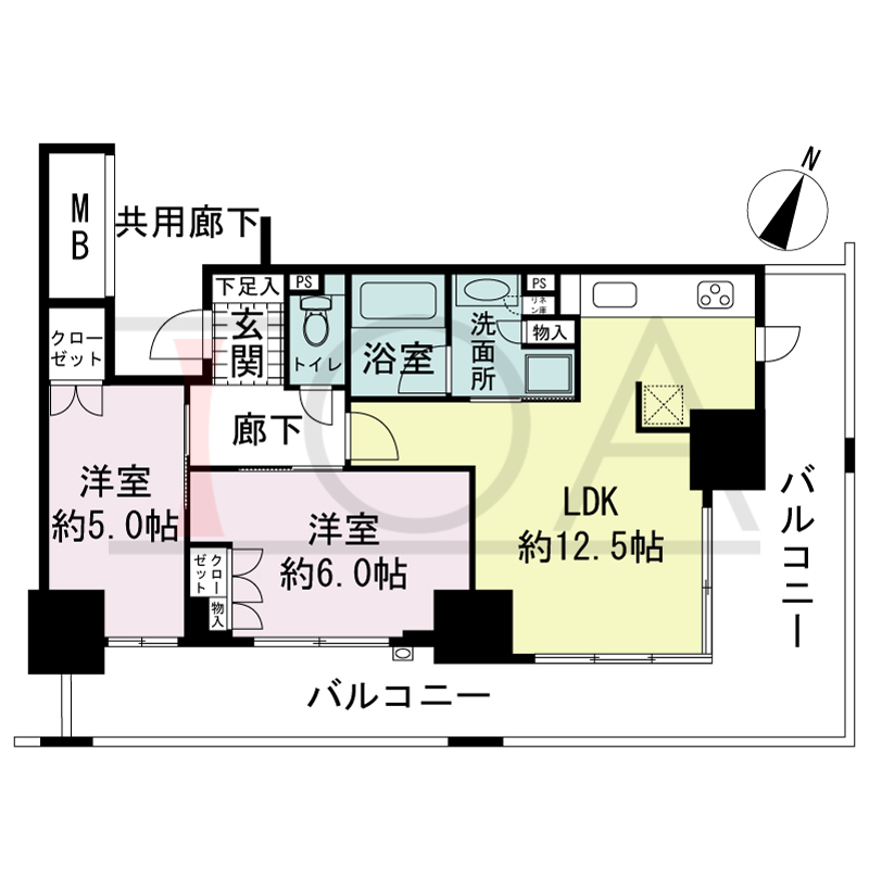 プラウドタワー神戸県庁前の間取り図 全12邸 南東角住戸
2LDK 専有面積53.01m2
バルコニー面積24.40m2