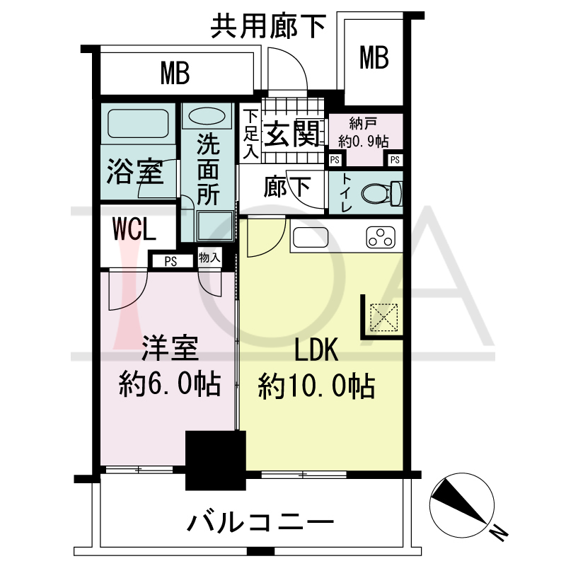 プラウドタワー神戸県庁前の間取り図 全12邸 東向き住戸
1LDK 専有面積41.52m2
バルコニー面積8.81m2