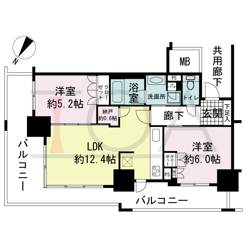 プラウドタワー神戸県庁前の間取り図 全12邸 北東角住戸
2LDK 専有面積54.00m2
バルコニー面積23.57m2