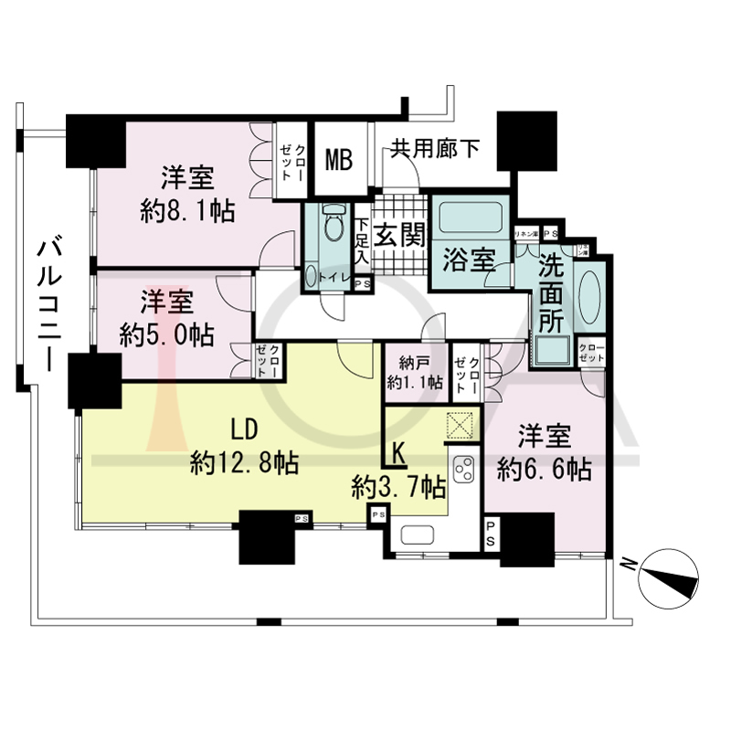 プラウドタワー神戸県庁前の間取り図 全11邸 北西角住戸
3LDK 専有面積84.21m2
バルコニー面積30.55m2