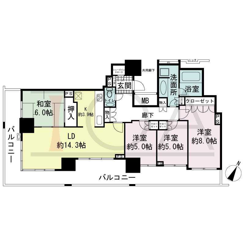 プラウドタワー神戸県庁前の間取り図 全11邸 南西角住戸
4LDK 専有面積97.88m2
バルコニー面積33.99m2