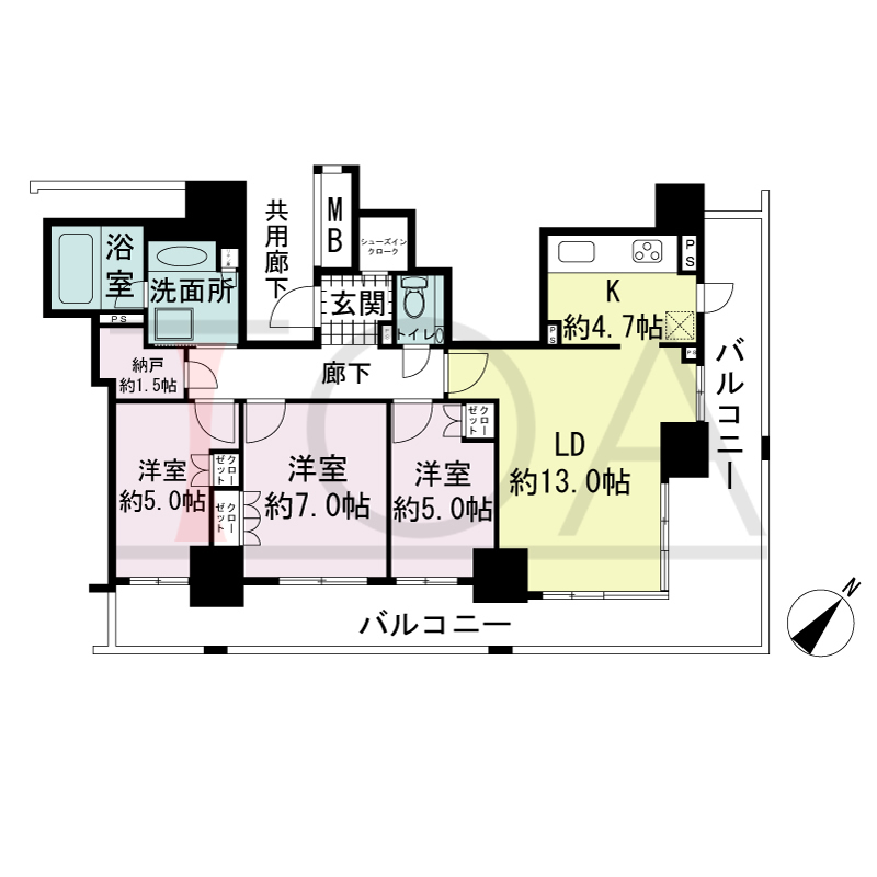 プラウドタワー神戸県庁前の間取り図 1邸のみ 南東角住戸
3LDK 専有面積82.68m2
バルコニー面積30.82m2