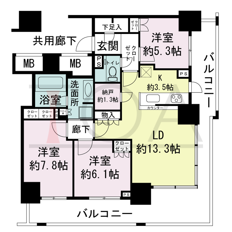 プラウドタワー神戸県庁前の間取り図 全10邸 北東角住戸
3LDK 専有面積82.89m2
バルコニー面積29.29m2