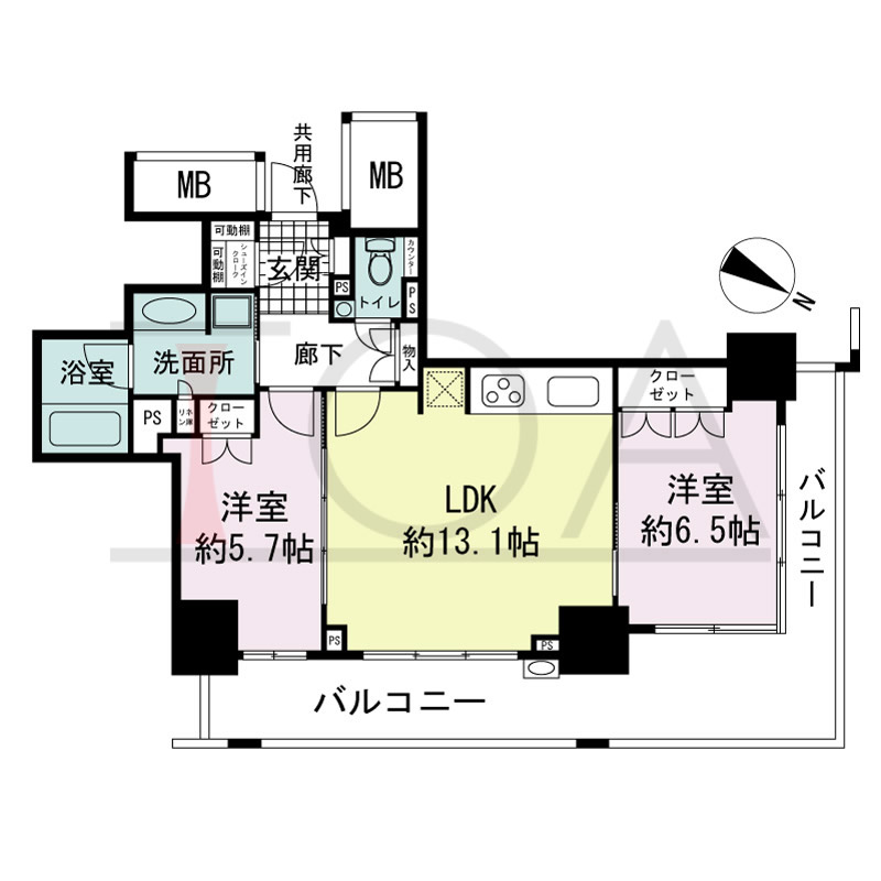 プラウドタワー神戸県庁前の間取り図 1邸のみ 北東角住戸
2LDK 専有面積59.17m2
バルコニー面積20.99m2
