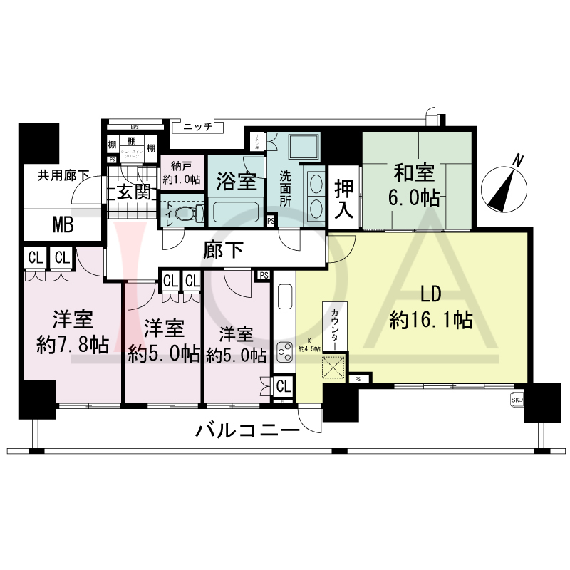 プラウドタワー神戸県庁前の間取り図 プレミアムフロア 南向き住戸
4LDK 専有面積103.52m2
バルコニー面積24.36m2