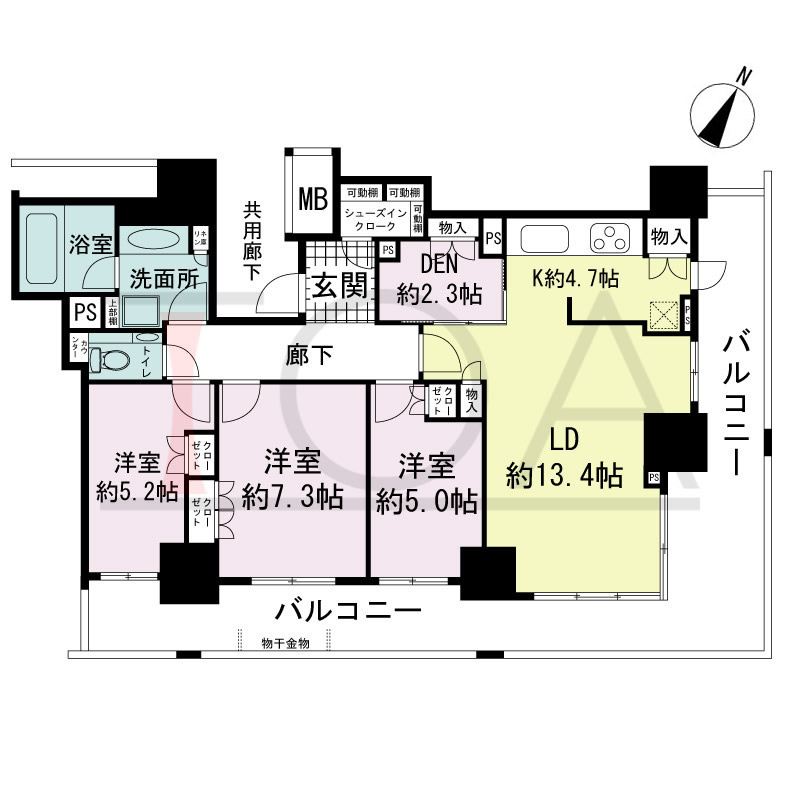 プラウドタワー神戸県庁前の間取り図 全10邸 南東角住戸
3LDK 専有面積88.90m2
バルコニー面積30.81m2