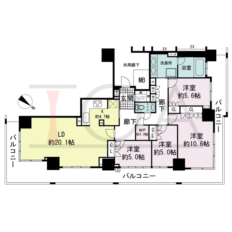 プラウドタワー神戸県庁前の間取り図 プレミアムフロア 南東角住戸
4LDK 専有面積120.33m2
バルコニー面積46.93m2