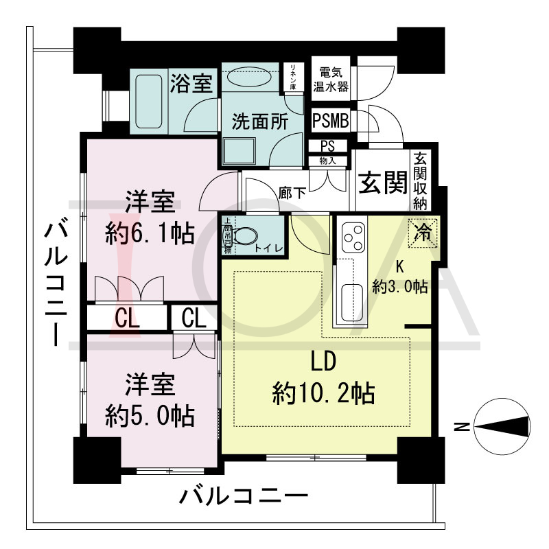 ライオンズタワー神戸旧居留地の間取り図 全8邸 北西角住戸
2LDK 専有面積58.12m2
バルコニー面積20.65m2