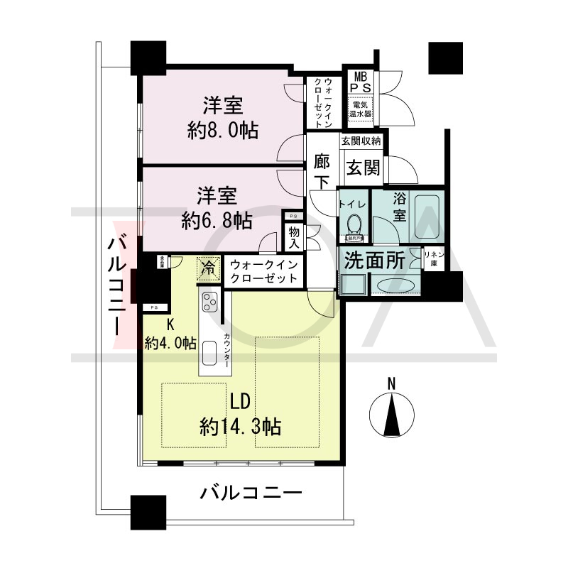 ライオンズタワー神戸旧居留地の間取り図 全8邸 南西角住戸
2LDK 専有面積77.90m2
バルコニー面積23.33m2