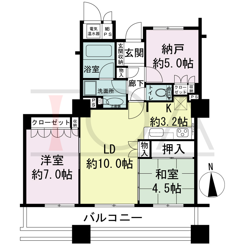 ライオンズタワー神戸旧居留地の間取り図 全8邸 南向き住戸
2LDK+N 専有面積67.63m2
バルコニー面積14.16m2