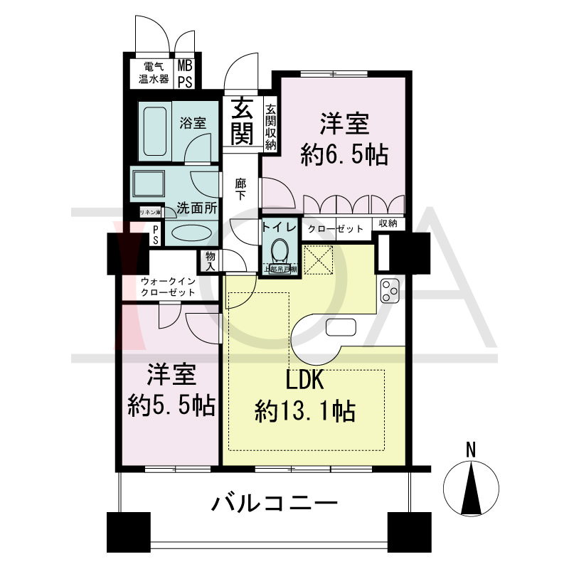 ライオンズタワー神戸旧居留地の間取り図 全8邸 南向き住戸
2LDK+WIC 専有面積60.30m2
バルコニー面積10.78m2