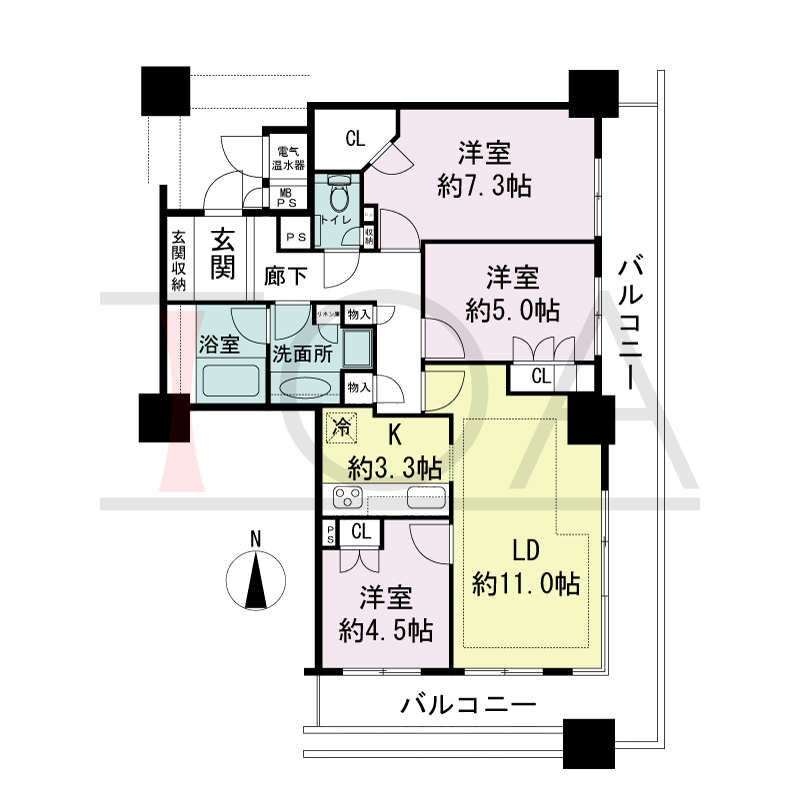 ライオンズタワー神戸旧居留地の間取り図 全8邸 南東角住戸
3LDK 専有面積75.84m2
バルコニー面積24.26m2