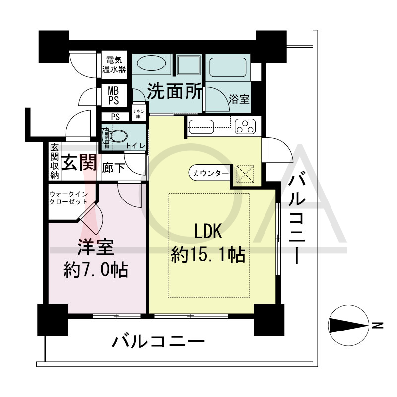 ライオンズタワー神戸旧居留地の間取り図 全8邸 北西角住戸
1LDK 専有面積53.48m2
バルコニー面積23.26m2