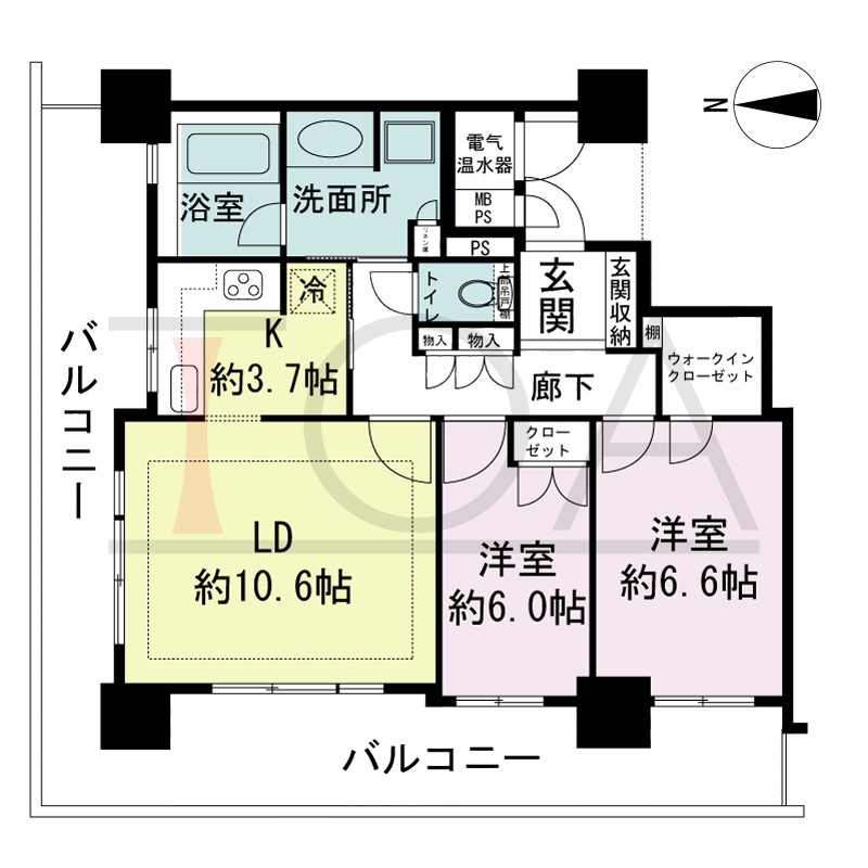 ライオンズタワー神戸旧居留地の間取り図 全9邸 北西角住戸
2LDK 専有面積65.83m2
バルコニー面積27.24m2