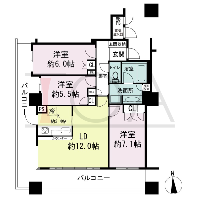 ライオンズタワー神戸旧居留地の間取り図 全9邸 南西角住戸
3LDK 専有面積75.18m2
バルコニー面積27.31m2