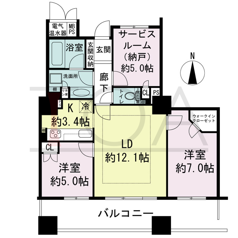 ライオンズタワー神戸旧居留地の間取り図 全9邸 南向き住戸
2LDK+N 専有面積71.44m2
バルコニー面積15.29m2