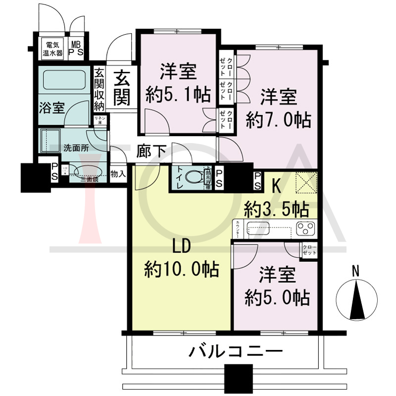 ライオンズタワー神戸旧居留地の間取り図 全9邸 南向き住戸
3LDK 専有面積70.73m2
バルコニー面積9.90m2