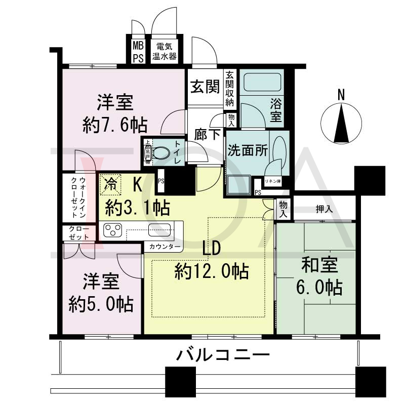ライオンズタワー神戸旧居留地の間取り図 全9邸 南向き住戸
3LDK 専有面積75.79m2
バルコニー面積15.37m2