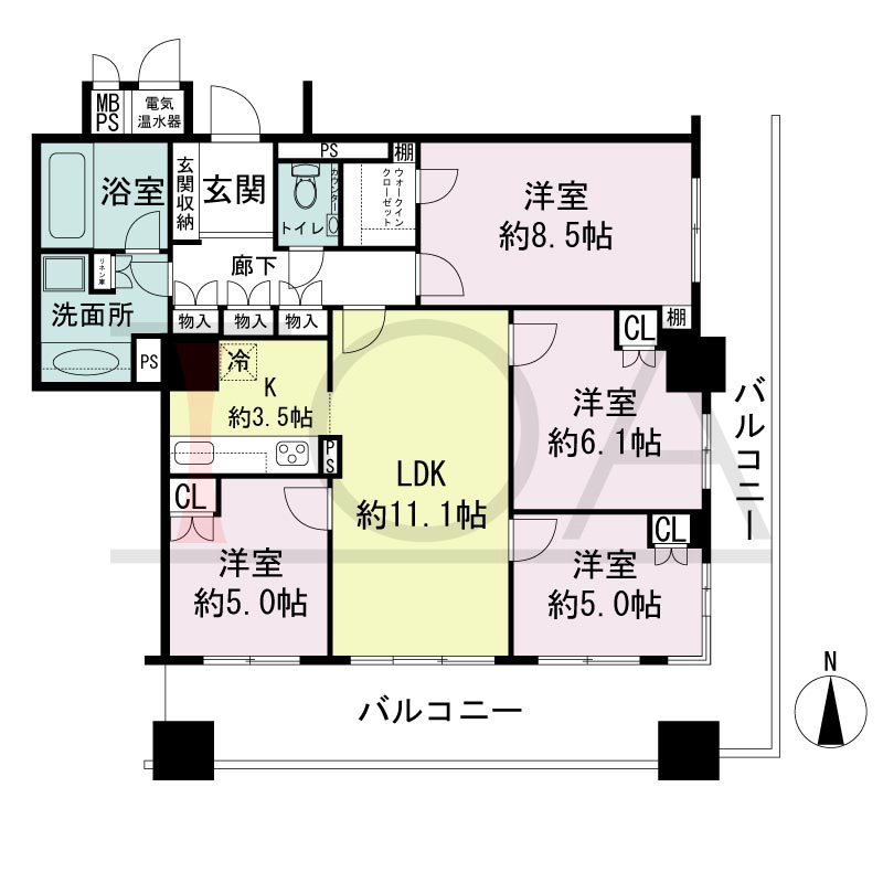 ライオンズタワー神戸旧居留地の間取り図 全9邸 南東角住戸
4LDK 専有面積89.76m2
バルコニー面積26.78m2