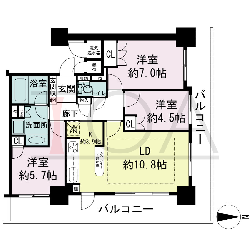 ライオンズタワー神戸旧居留地の間取り図 全9邸 北東角住戸
3LDK 専有面積72.44m2
バルコニー面積24.62m2