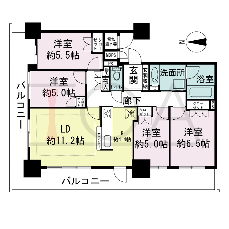 ライオンズタワー神戸旧居留地の間取り図 全6邸 北西角住戸
4LDK 専有面積86.29m2
バルコニー面積26.74m2