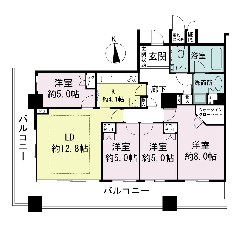 ライオンズタワー神戸旧居留地の間取り図 全6邸 南西角住戸
4LDK 専有面積92.95m2
バルコニー面積29.94m2