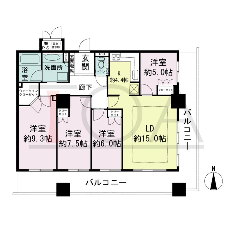 ライオンズタワー神戸旧居留地の間取り図 全6邸 南東角住戸
4LDK 専有面積105.22m2
バルコニー面積32.92m2