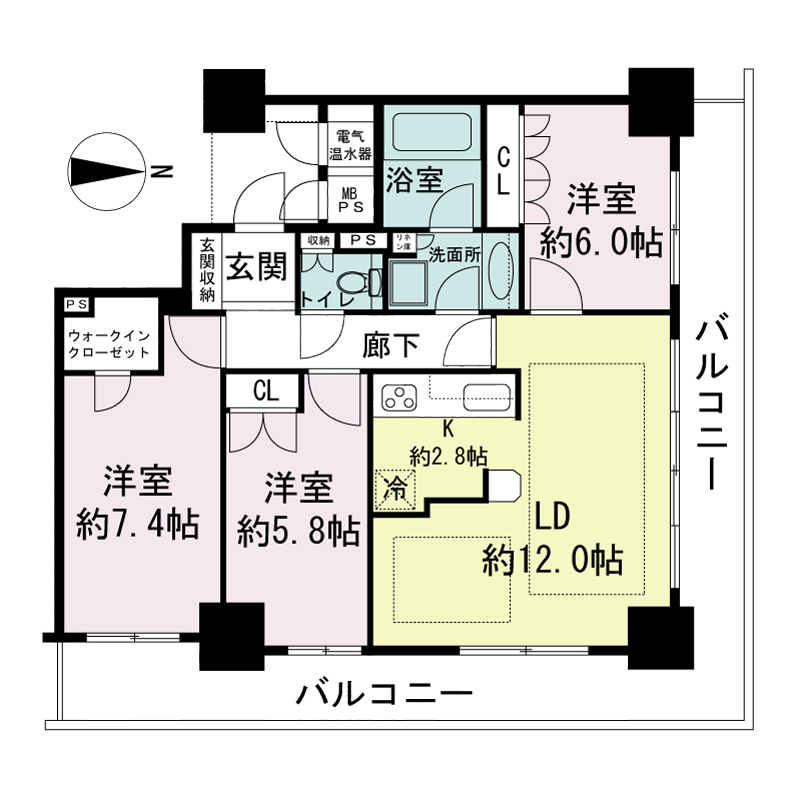 ライオンズタワー神戸旧居留地の間取り図 全6邸 北東角住戸
3LDK 専有面積73.60m2
バルコニー面積22.24m2