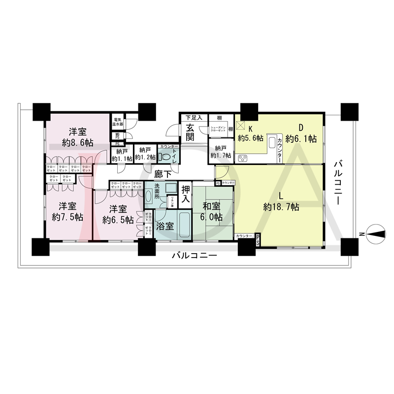 ライオンズタワー神戸旧居留地の間取り図 プレミアムフロア 南北西角住戸
4L・DK 専有面積141.76m2
バルコニー面積58.15m2