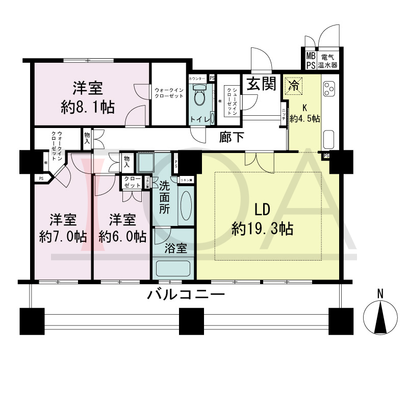 ライオンズタワー神戸旧居留地の間取り図 プレミアムフロア 南向き住戸
3LDK 専有面積111.89m2
バルコニー面積22.68m2