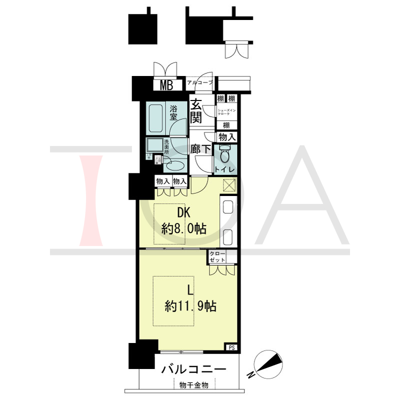 アーバンライフ神戸三宮ザ・タワーの間取り図 全8邸　北西向き住戸
1Room　専有面積51.42m2
(貯湯タンク置場1.17m2含む)
バルコニー面積7.30m2
アルコーブ面積1.04m2