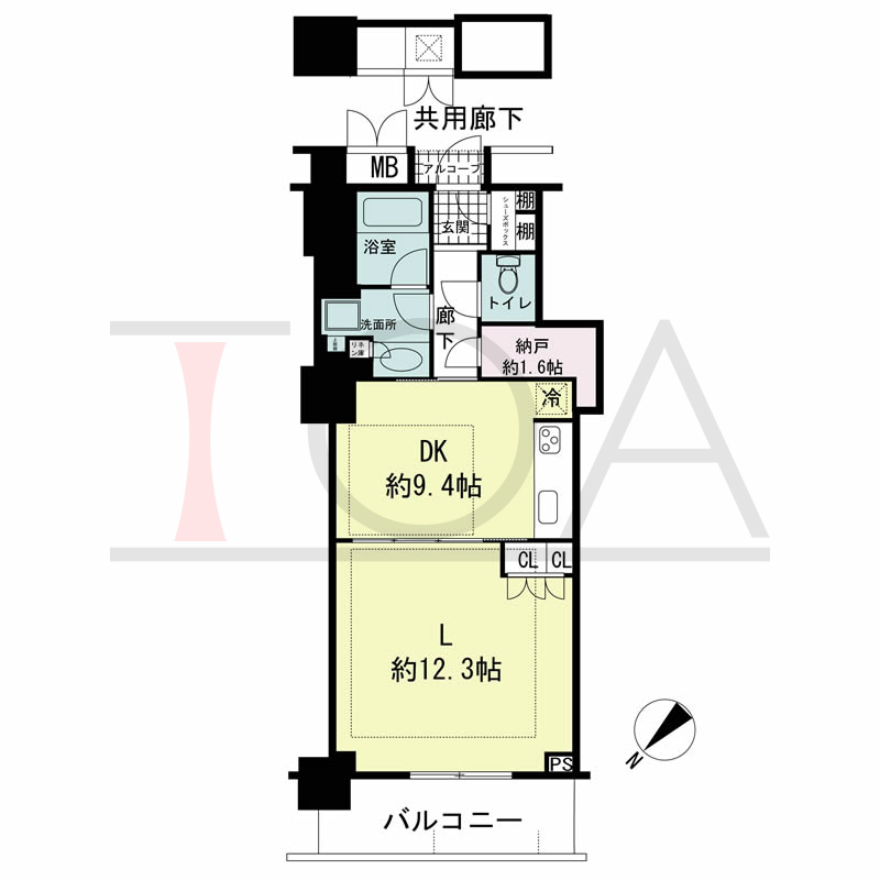 アーバンライフ神戸三宮ザ・タワーの間取り図 全14邸　北西向き住戸
1Room+Ｎ　専有面積55.20m2
(貯湯タンク置場1.00m2含む)
バルコニー面積8.21m2
アルコーブ面積1.04m2