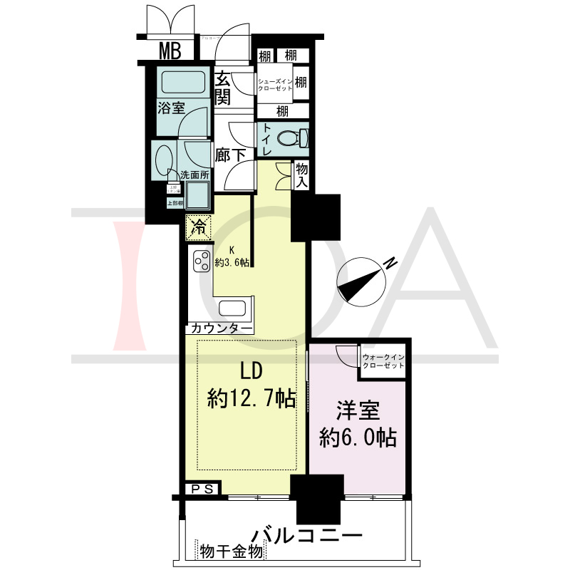 アーバンライフ神戸三宮ザ・タワーの間取り図 全8邸　東南向き住戸
1LDK　専有面積55.46m2
(貯湯タンク置場1.17m2含む)
バルコニー面積9.81m2
アルコーブ面積1.04m2