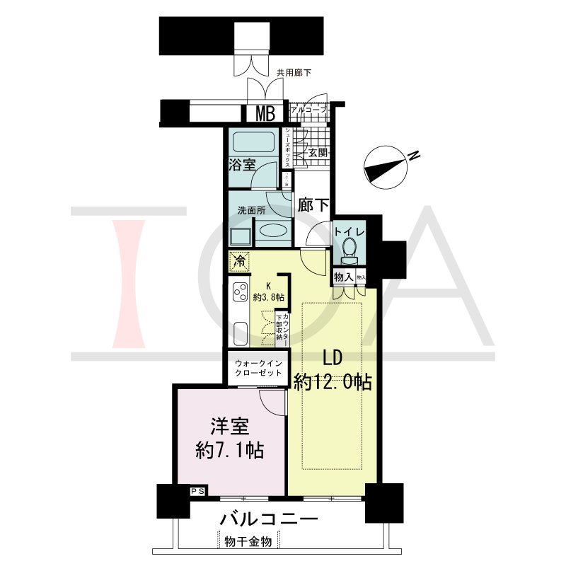 アーバンライフ神戸三宮ザ・タワーの間取り図 全14邸　東南向き住戸
1LDK　専有面積56.95m2
(貯湯タンク置場1.19m2含む)
バルコニー面積10.75m2
アルコーブ面積1.04m2