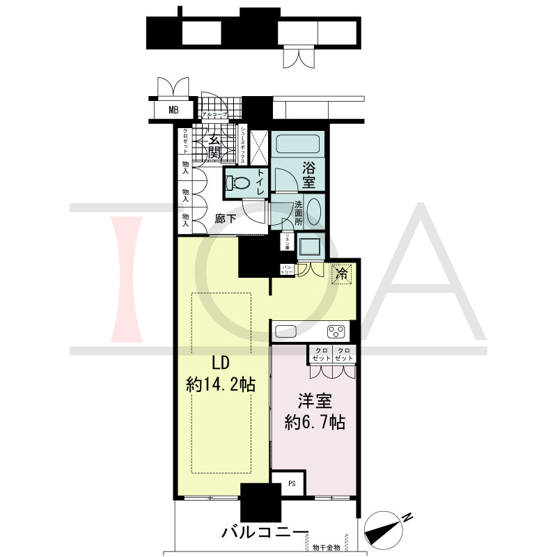 アーバンライフ神戸三宮ザ・タワーの間取り図 全8邸　東南向き住戸
1LDK　専有面積61.38m2
(貯湯タンク置場1.17m2含む)
バルコニー面積9.22m2
アルコーブ面積1.04m2
