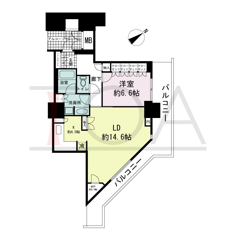 アーバンライフ神戸三宮ザ・タワーの間取り図 全8邸　北東角住戸
1LDK+N　専有面積66.13m2
(貯湯タンク置場1.16m2含む)
バルコニー面積21.12m2
アルコーブ面積4.16m2