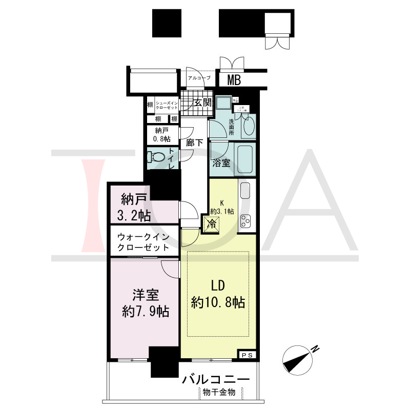 アーバンライフ神戸三宮ザ・タワーの間取り図 全8邸　東南向き住戸
1LDK+N　専有面積66.54m2
(貯湯タンク置場1.16m2含む)
バルコニー面積10.35m2
アルコーブ面積1.04m2