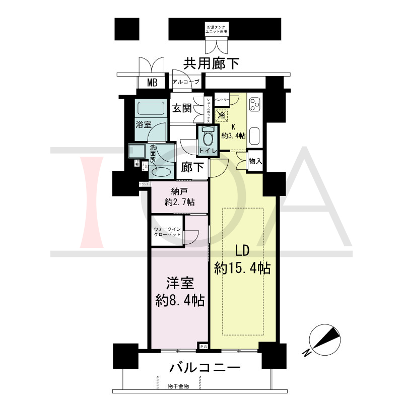 アーバンライフ神戸三宮ザ・タワーの間取り図 全13邸　北西向き住戸
1LDK+DEN　専有面積68.50m2
(貯湯タンク置場1.16m2含む)
バルコニー面積10.75m2
アルコーブ面積1.04m2