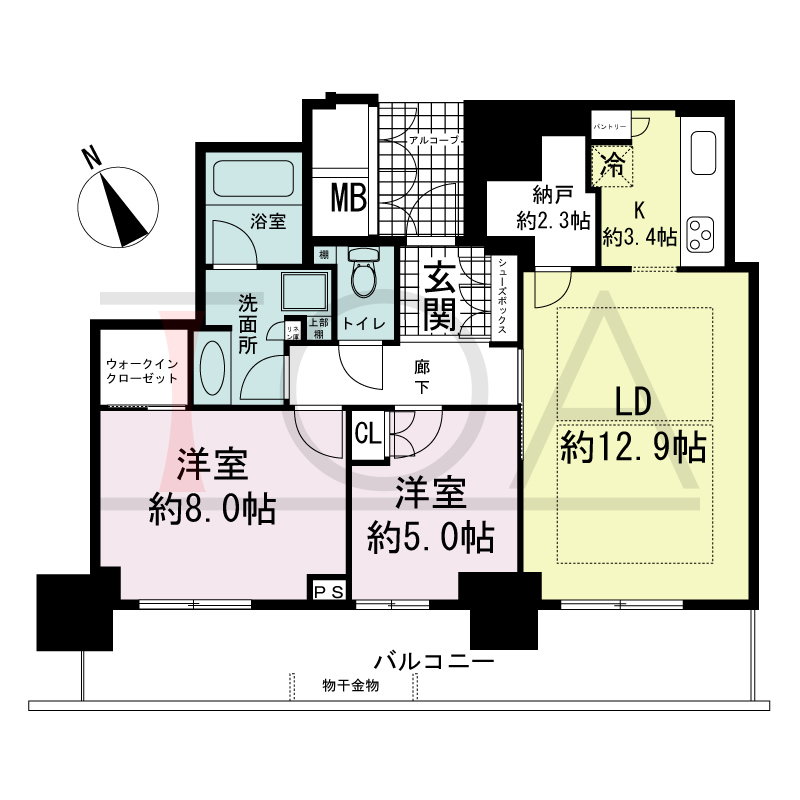 アーバンライフ神戸三宮ザ・タワーの間取り図 全8邸　南西向き住戸
2LDK+N　専有面積72.64m2
(貯湯タンク置場1.09m2含む)
バルコニー面積17.90m2
アルコーブ面積3.36m2