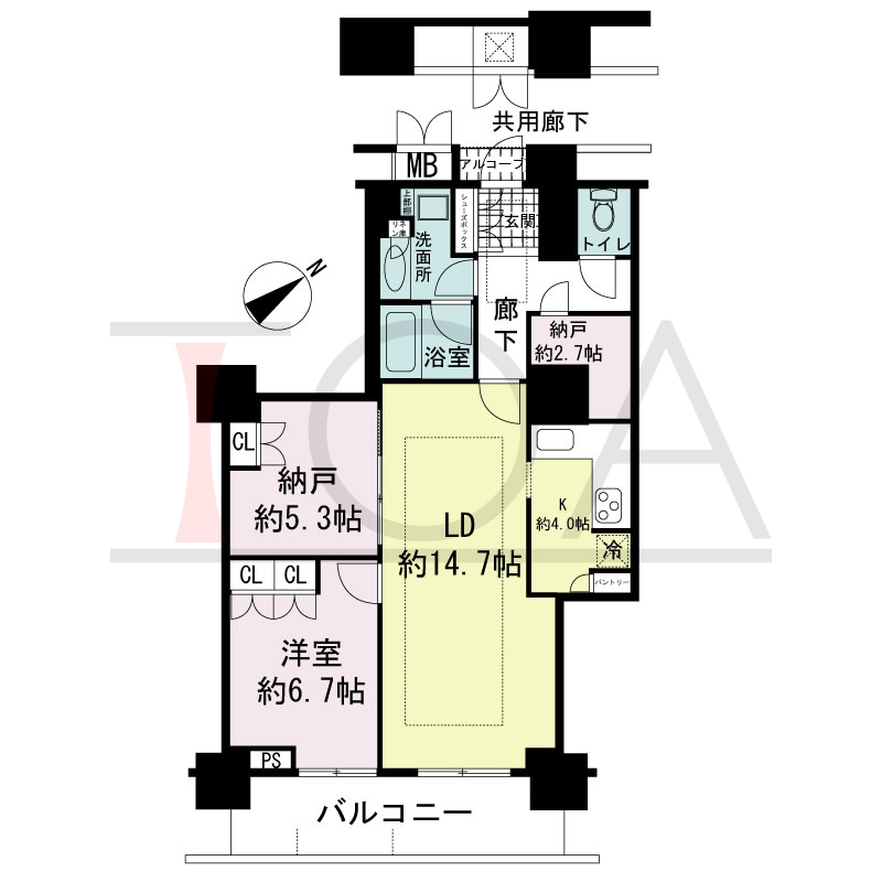 アーバンライフ神戸三宮ザ・タワーの間取り図 全14邸　東南向き住戸
1LDK+DEN+N　専有面積75.96m2
(貯湯タンク置場1.19m2含む)
バルコニー面積10.75m2
アルコーブ面積1.04m2