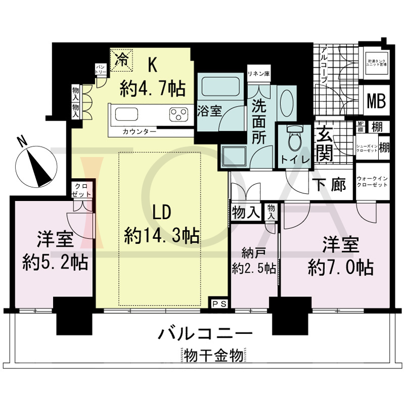 アーバンライフ神戸三宮ザ・タワーの間取り図 全14邸　南西向き住戸
2LDK+DEN　専有面積78.28m2
(貯湯タンク置場1.09m2含む)
バルコニー面積18.98m2
アルコーブ面積3.36m2