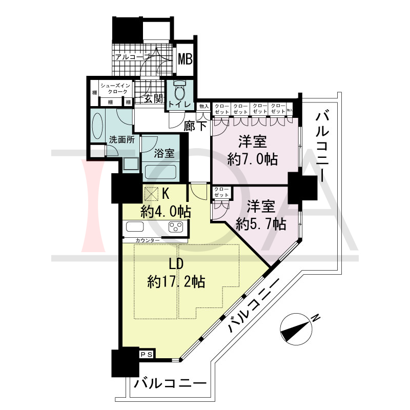 アーバンライフ神戸三宮ザ・タワーの間取り図 全14邸　北東角住戸
2LDK　専有面積82.74m2
(貯湯タンク置場1.16m2含む)
バルコニー面積24.87m2
アルコーブ面積4.08m2