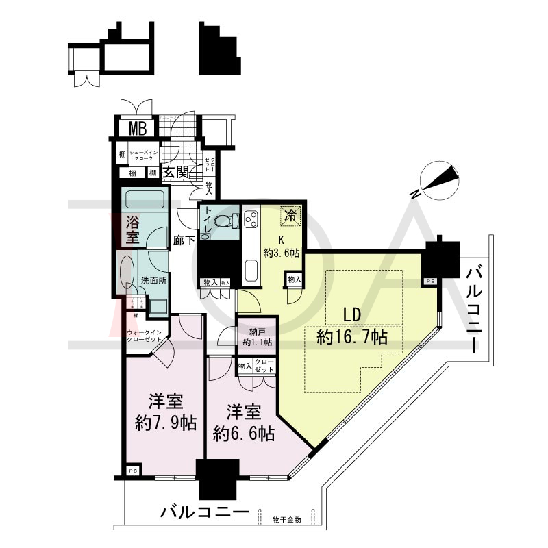 アーバンライフ神戸三宮ザ・タワーの間取り図 全8邸　南西角住戸
2LDK+N　専有面積88.60m2
(貯湯タンク置場1.00m2含む)
バルコニー面積24.15m2
アルコーブ面積1.04m2