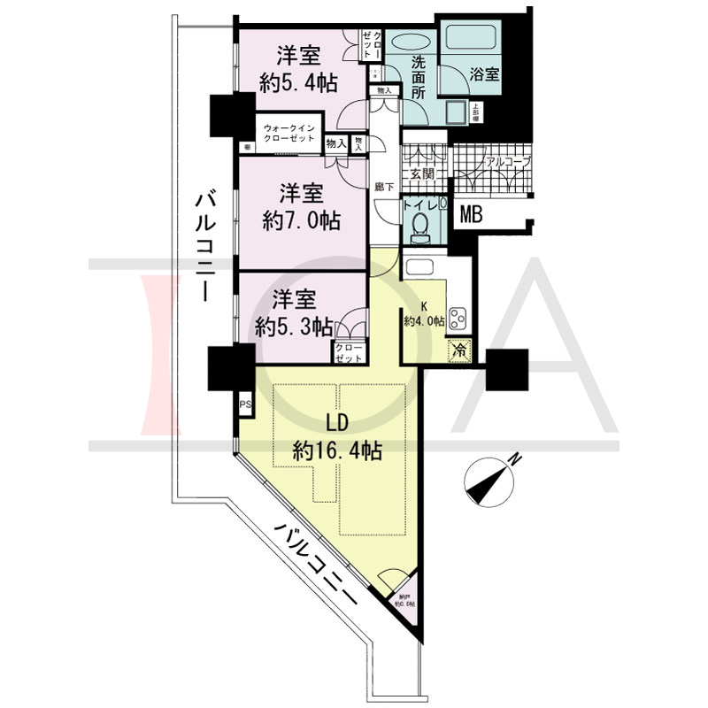 アーバンライフ神戸三宮ザ・タワーの間取り図 全8邸　東南角住戸
3LDK+N　専有面積89.34m2
(貯湯タンク置場1.09m2含む)
バルコニー面積30.27m2
アルコーブ面積3.36m2