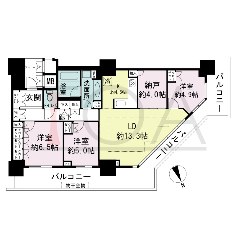 アーバンライフ神戸三宮ザ・タワーの間取り図 全8邸　北西角住戸
3LDK+DEN　専有面積90.93m2
(貯湯タンク置場1.02m2含む)
バルコニー面積30.13m2
アルコーブ面積3.36m2