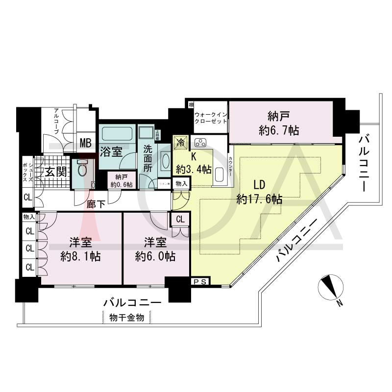 アーバンライフ神戸三宮ザ・タワーの間取り図 全13邸　北西角住戸
2LDK+DEN+N　専有面積99.20m2
(貯湯タンク置場1.02m2含む)
バルコニー面積30.13m2
アルコーブ面積3.28m2