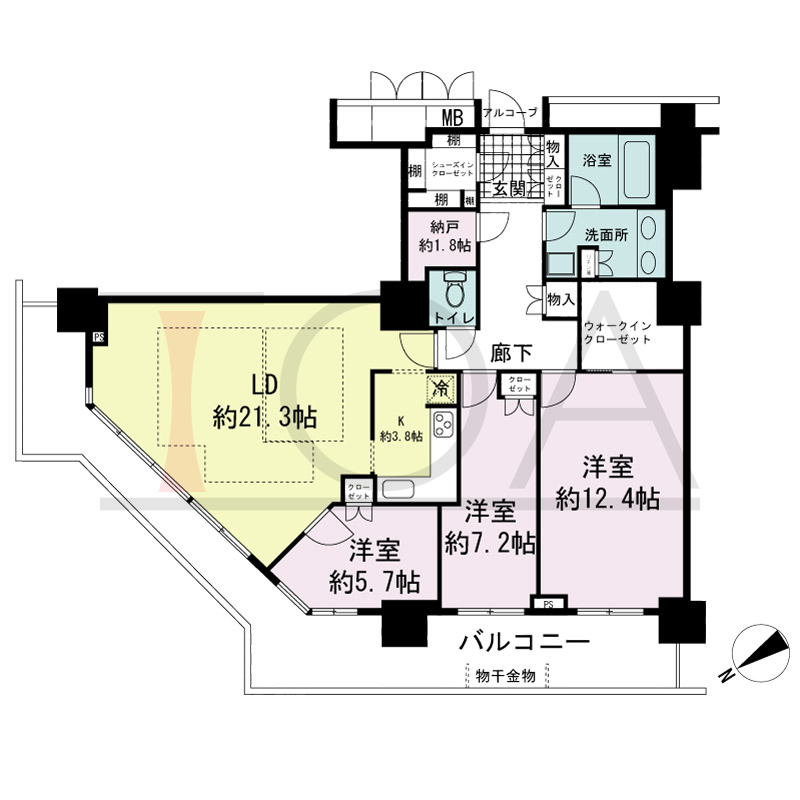 アーバンライフ神戸三宮ザ・タワーの間取り図 1邸のみ　北西角住戸
3LDK+N　専有面積119.80m2
(貯湯タンク置場1.16m2含む)
バルコニー面積29.47m2
アルコーブ面積1.04m2